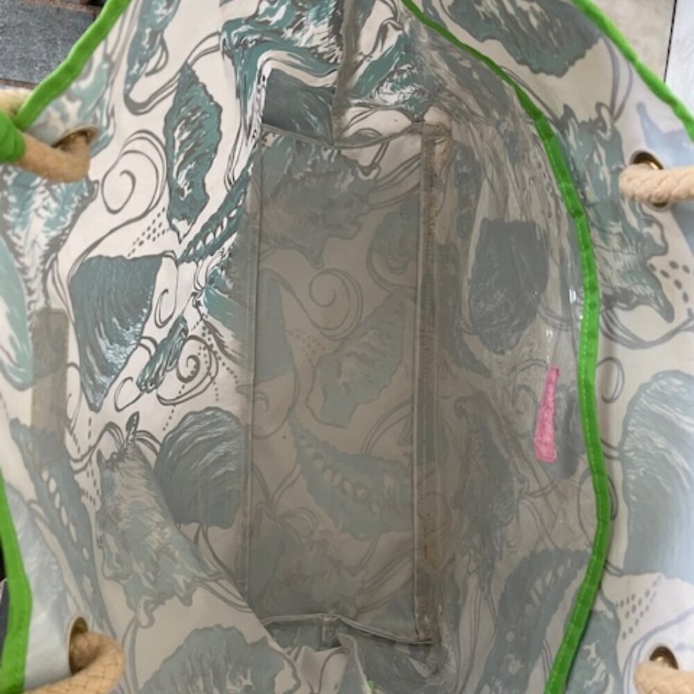 LILLY PULITZER Buena Vista Tote Blue White Shelll Jute Handles - Picture 6 of 16